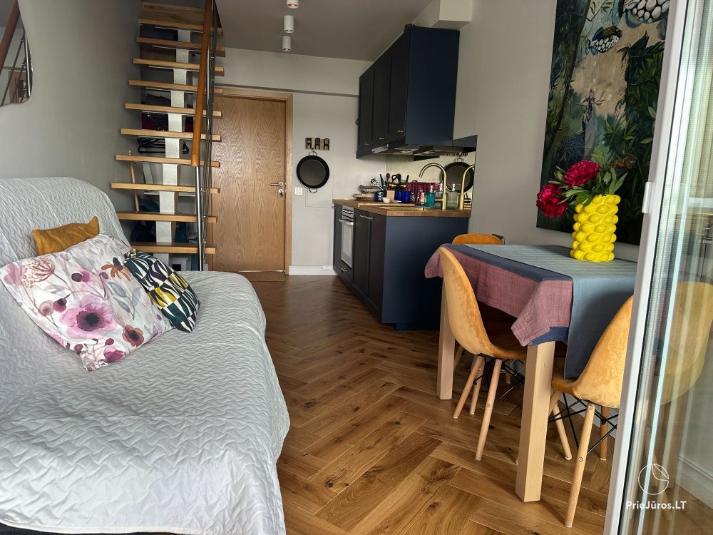 Ein stilvolles Apartment für vier Personen in Pervalka am Ufer der Lagune. Wohnung mit Terrasse für zwei Personen in Juodkrante